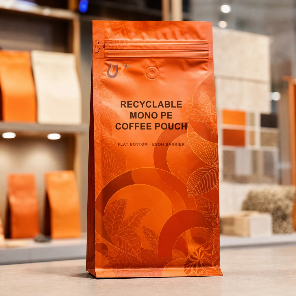 Orange Juren recyclable mono-PE coffee pouch presented at a packaging exhibition